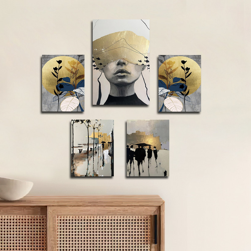 تابلو شاسی دنیای قابطرح نقاشی مدرن طبیعت و چهره مدل SH-1777 مجموعه 5 عددی | دنیای قاب