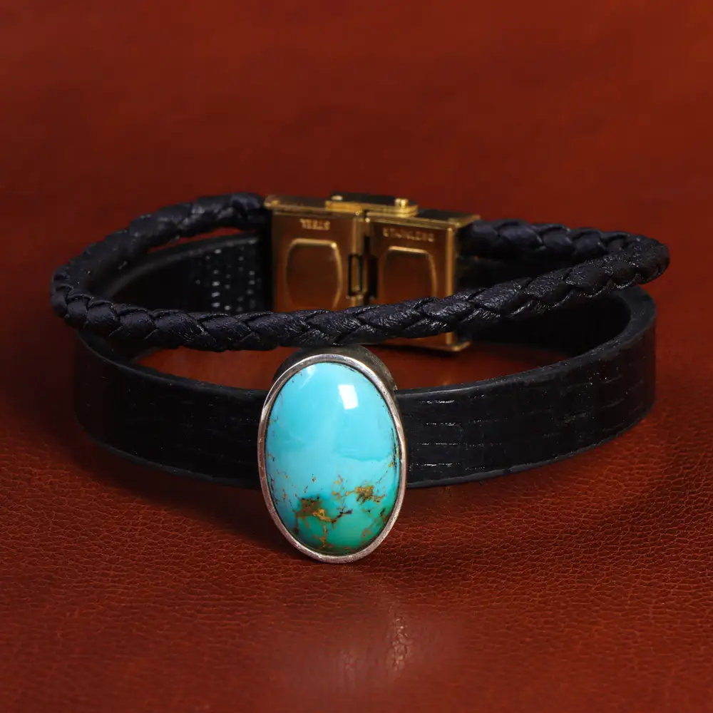 دستبند چرم فیروزه کد 20776 - جواهری مشاهیر