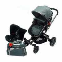 کالسکه کریر پیرگاردین فرانسه  با ساک لوازم  و قابلیت چرخش 360 درجه صندلی نشیمن کالسکه و قابلیت تبدیل به کریکات و نصب کریر بر روی کالسکه و نصب کریر برای صندلی ماشین نوزادی  رنگ طوسی پیرگاردین      pierrecardin