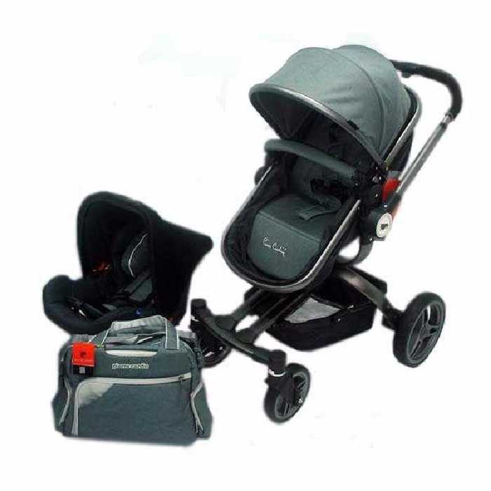 کالسکه کریر پیرگاردین فرانسه  با ساک لوازم  و قابلیت چرخش 360 درجه صندلی نشیمن کالسکه و قابلیت تبدیل به کریکات و نصب کریر بر روی کالسکه و نصب کریر برای صندلی ماشین نوزادی  رنگ طوسی پیرگاردین      pierrecardin