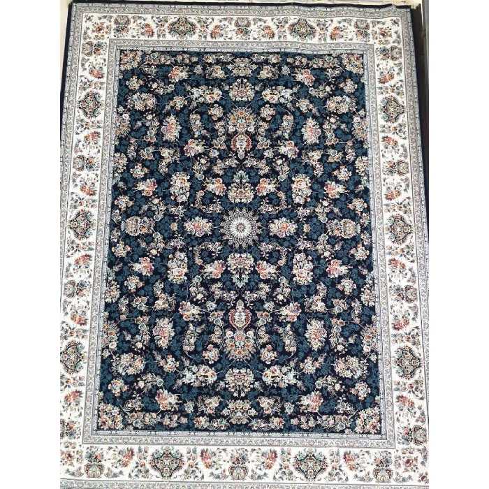 فرش ماشینی 1200 شانه اصل تراکم 3600 طرح زریسان زمینه سرمه ای 12 متری جنس اکرولیک یا اکریلیک