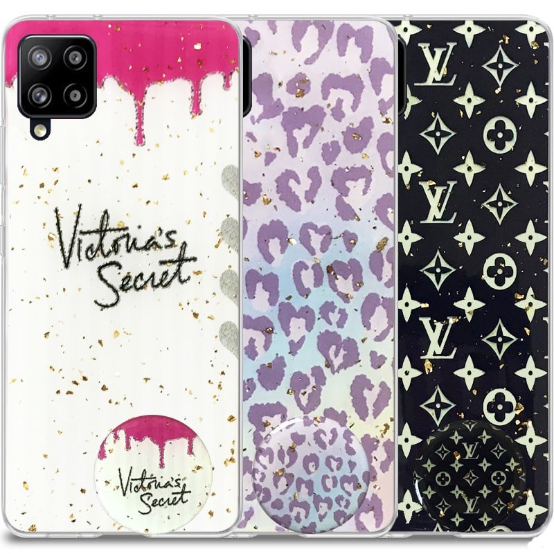 قاب لوکس پاپ سوکت دار طرح ماربل رویایی مناسب برای گوشی Samsung Galaxy A12 / M12 مدل رزین کار شده با سنگ های طلایی Marbel Royal Luxury case