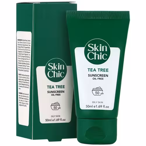کرم ضد آفتاب SPF50 بدون رنگ اسکین شیک حاوی عصاره درخت چای ‌مناسب پوست چرب حجم 50 میلی‌لیتر