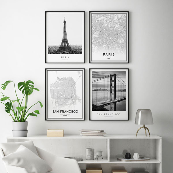 تابلو سالی وود طرح منظره برج ایفل و گلدن گیت کد T111221 مجموعه 4 عددی | دنیای قاب