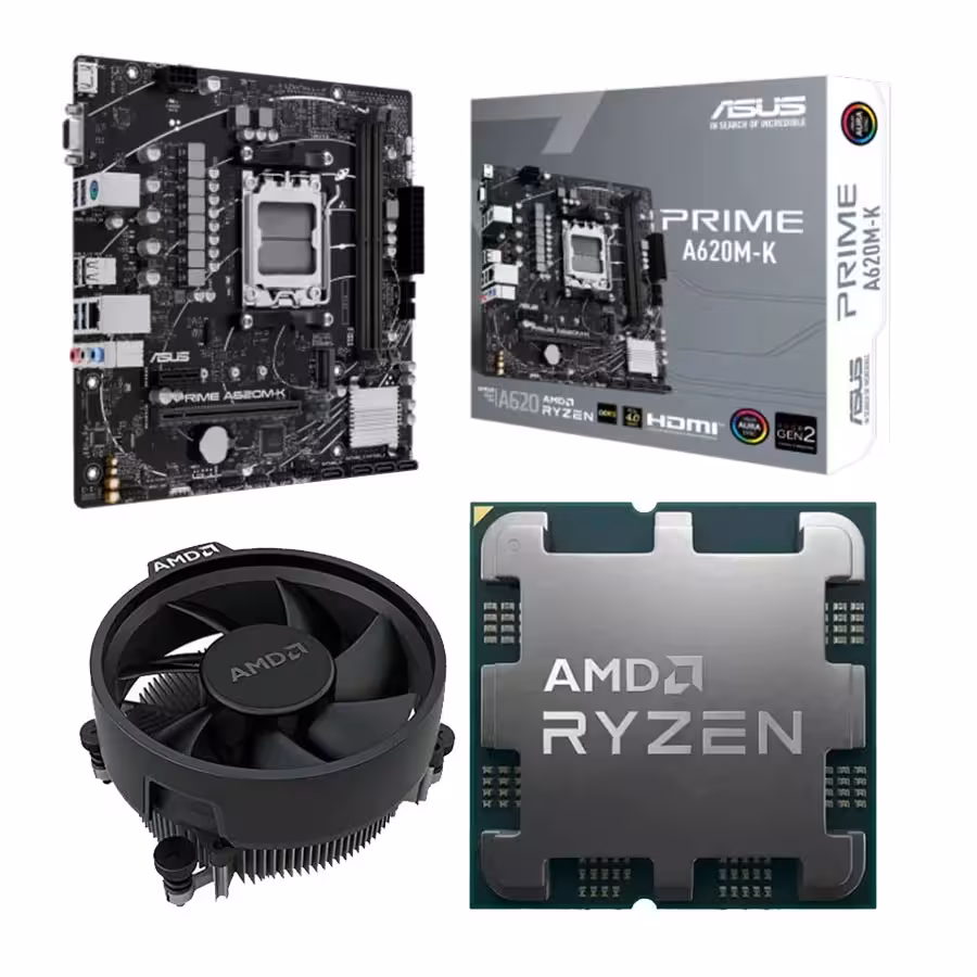 مادربرد ایسوس PRIME A620M-K به همراه پردازنده بدون باکس ای ام دی Ryzen 5 7600 و فن پردازنده ای ام دی Desktop Ryzen 5 7600 6C/12T MPK