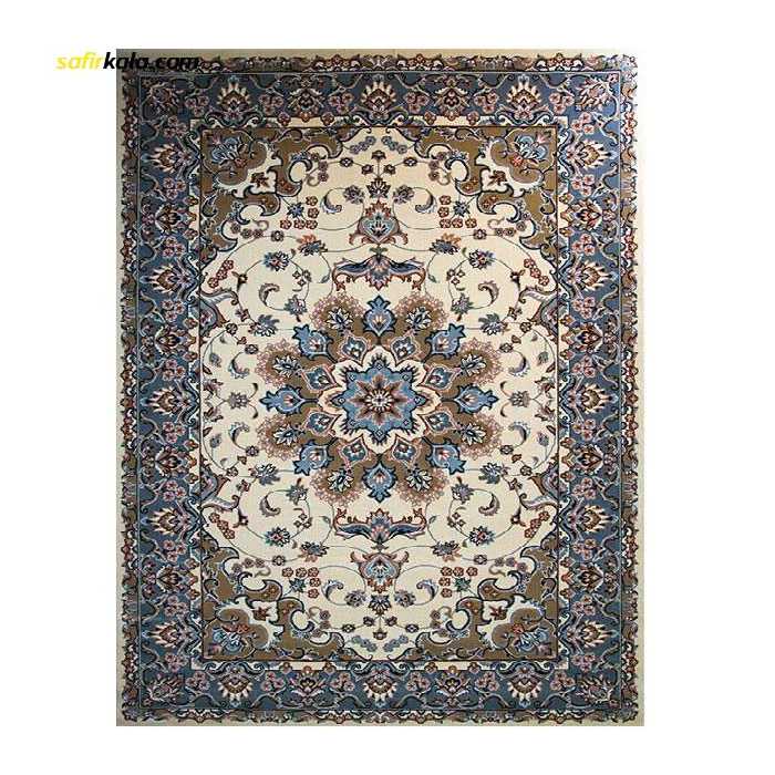 فرش ماشینی ساوین کد 2103 حاشیه آبی شتری زمینه کرم