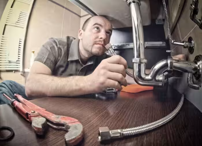 خرید و دانلود عکس لوله‌کش در حال تعمیر لوله برای تبلیغات فنی | پیک فاکس | Pic Fox