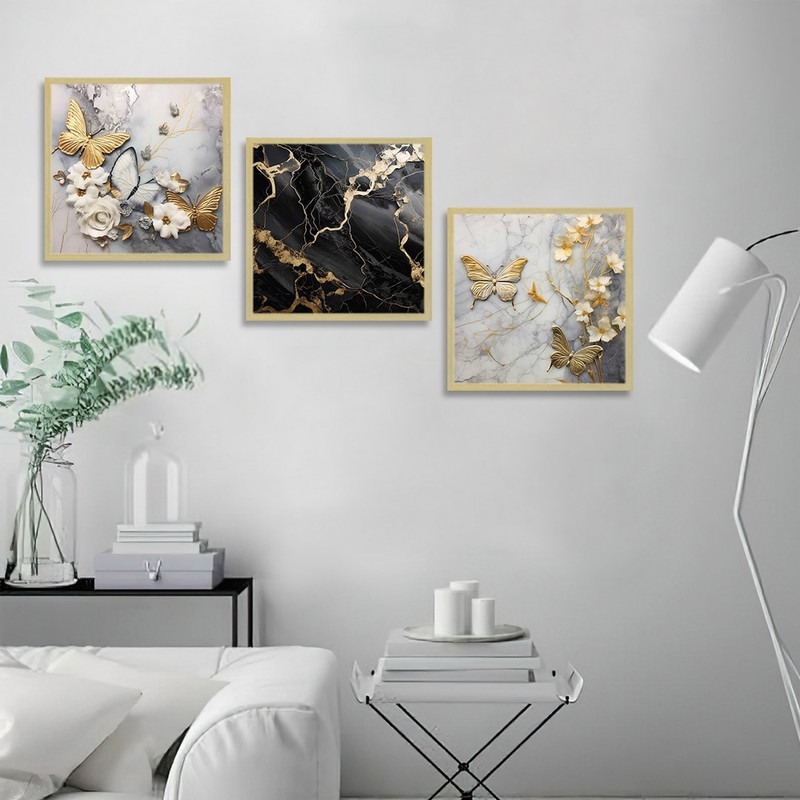 تابلو بکلیت طرح رزین گل و پروانه طلایی مدل BE-1296 مجموعه 3 عددی | دنیای قاب