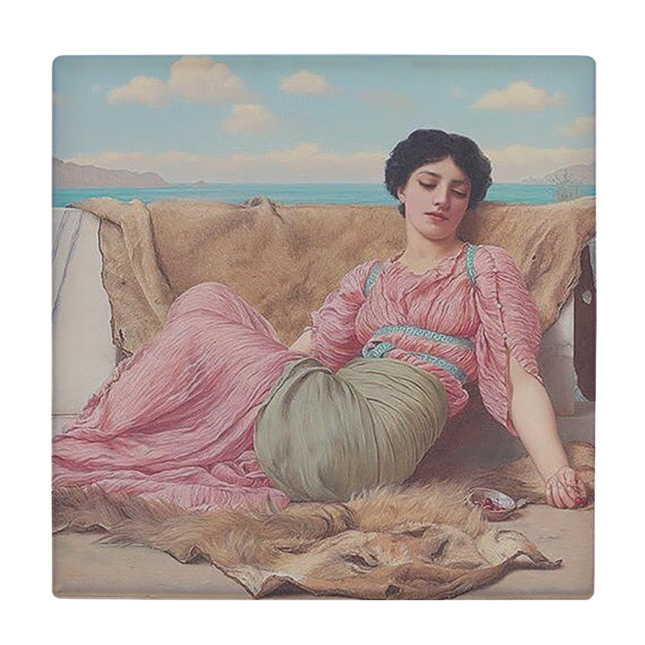 کاشی کارنیلا طرح نقاشی زن و منظره دریا مدل لوحی کد klh511