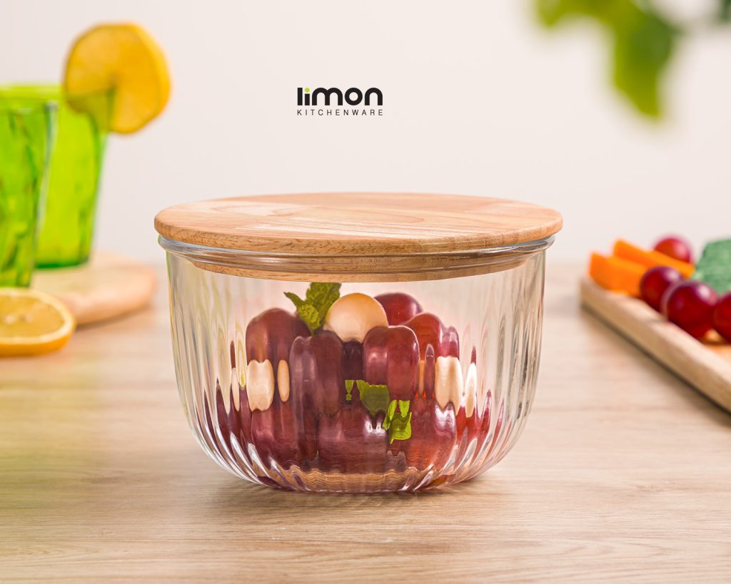ظرف شیشه ای گرد در چوبی 970 میلی لیتر کد محصول : 217659