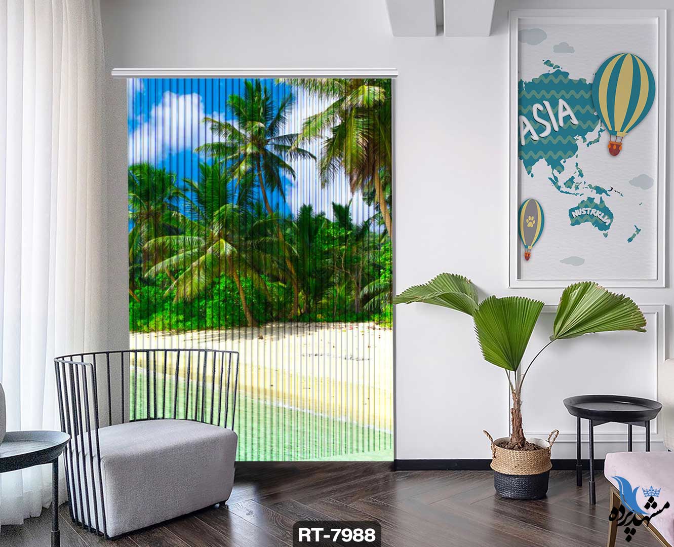 پرده شرشره تصویری طرح ساحل و نخلستان RT7988