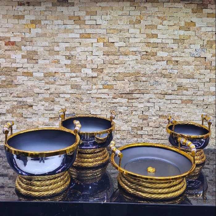 سرویس 4 تیکه پذیرایی دسته دار مشکی طلایی و سفید طلایی