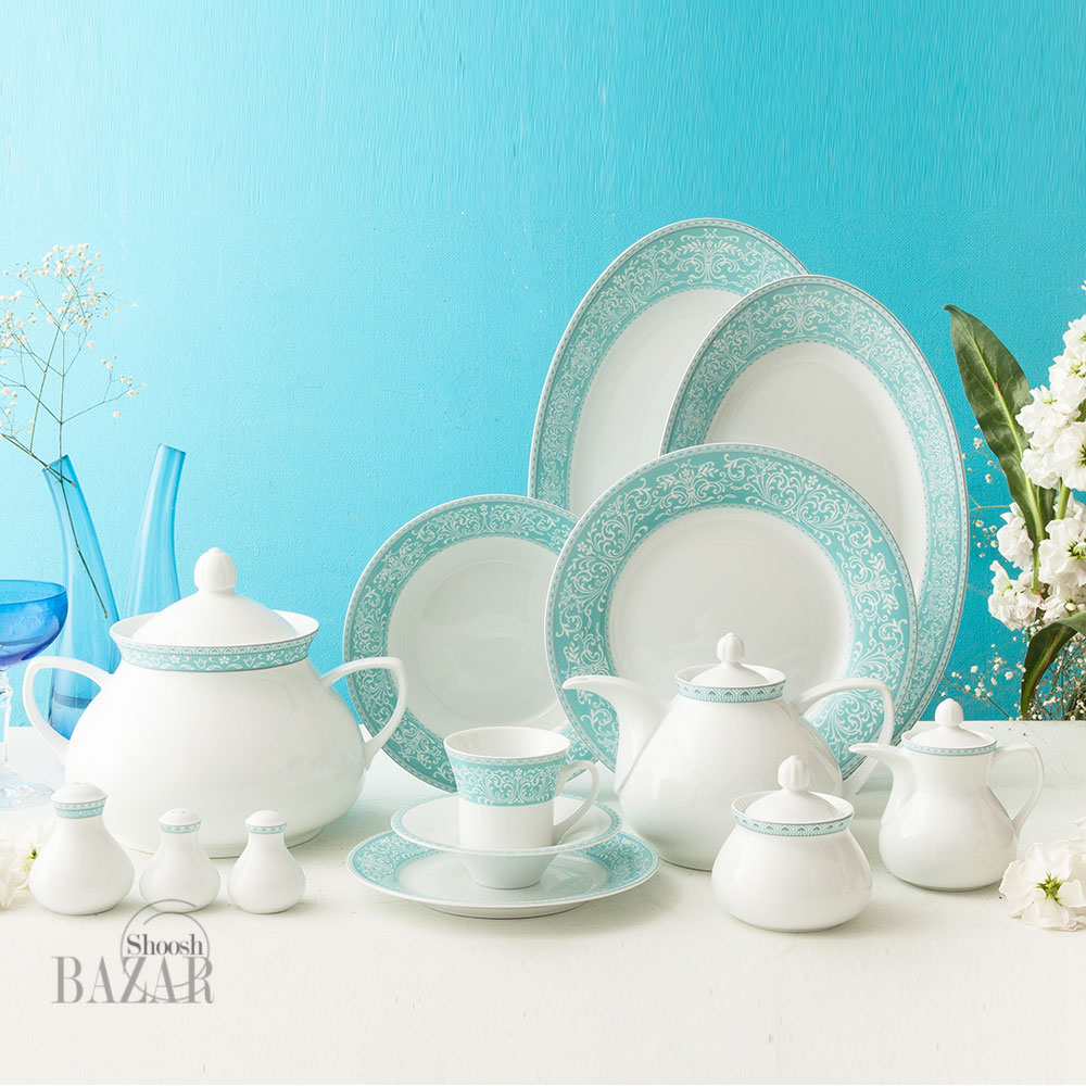 سرویس چینی 108 پارچه زرین طرح ورونا فیروزه ای 12نفره