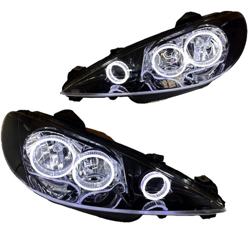 خرید چراغ جلو اسپرت پژو 206 کروز مدل حلقه 3D-S3 سفید داخل مشکی دوعددی | اتوموبی