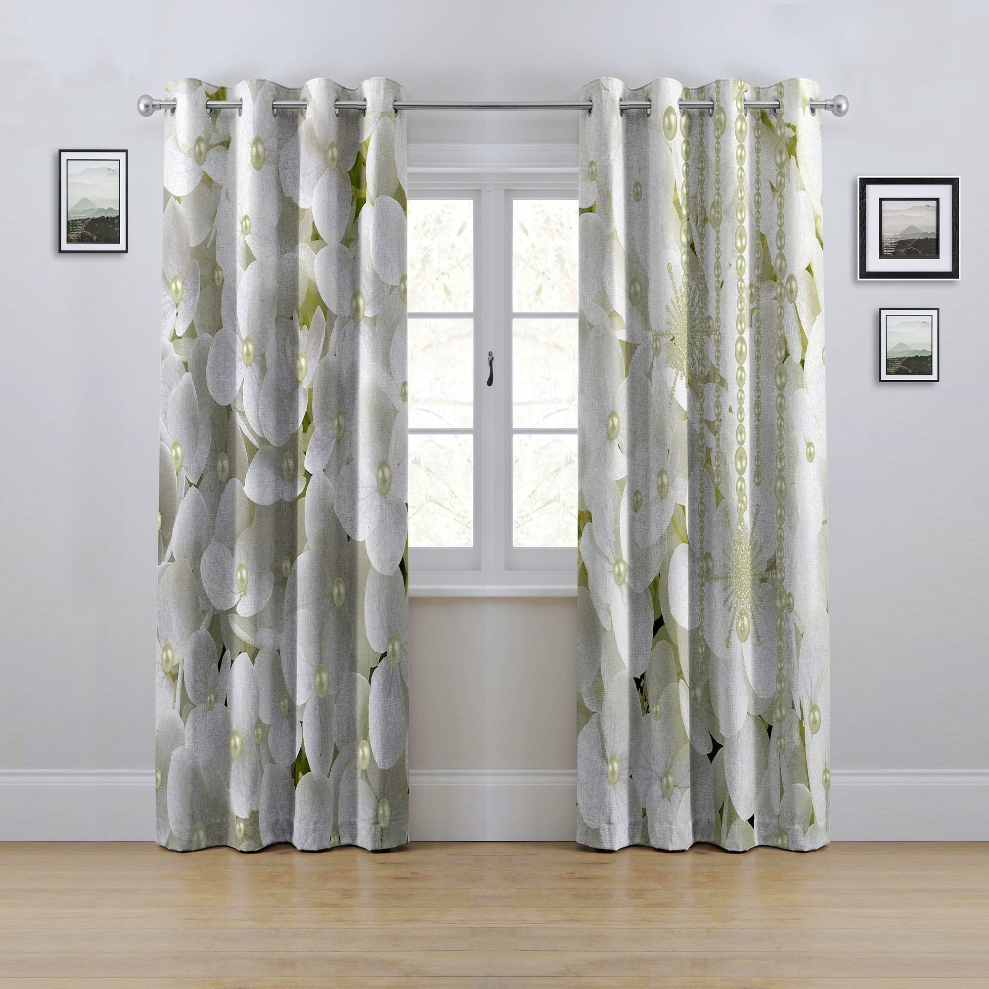 پرده مدل پانچی طرح گل و مروارید سایز 280x145 سانتی متر