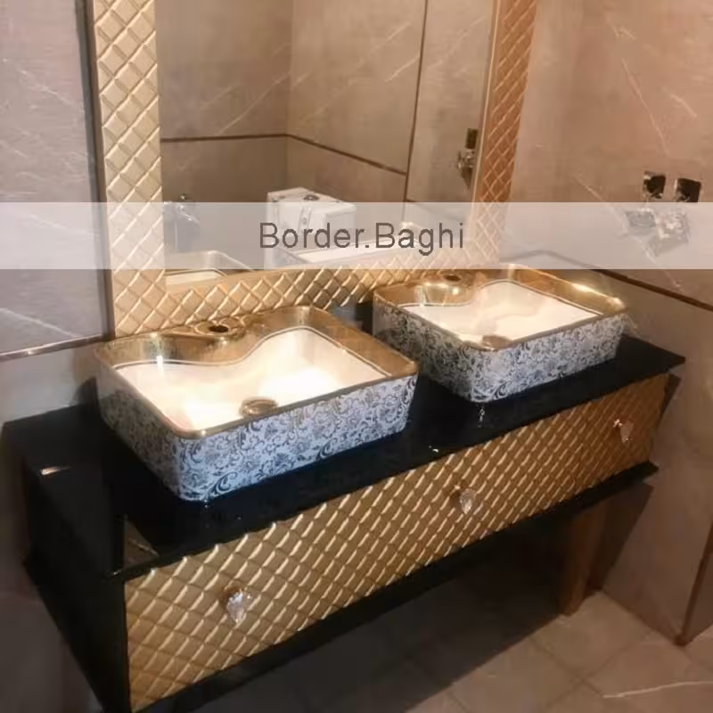 کار اجرا شده کابین روشویی مدل الماس مشکی طلایی سایز140