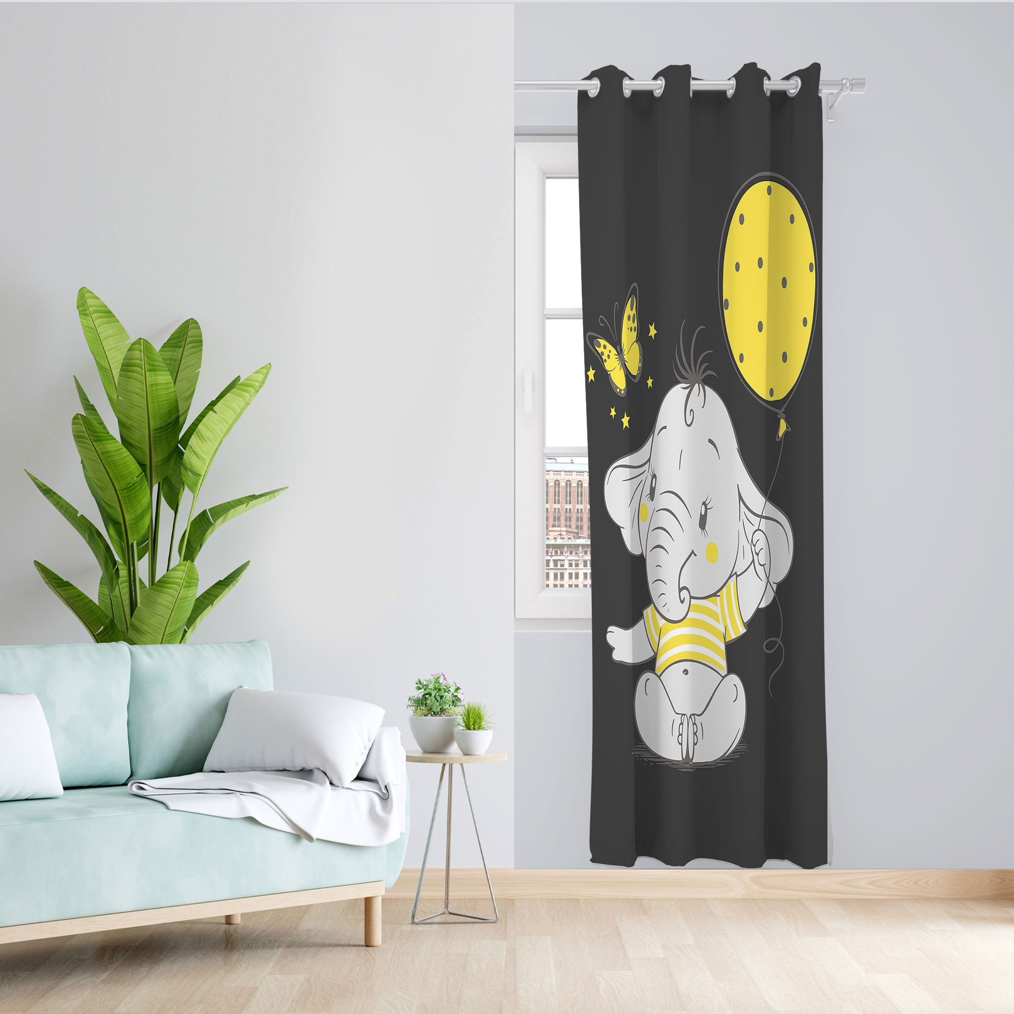 پرده مدل فیل و بادکنک زرد مخمل پانچی کد 4314 سایز 140x280 سانتی متر