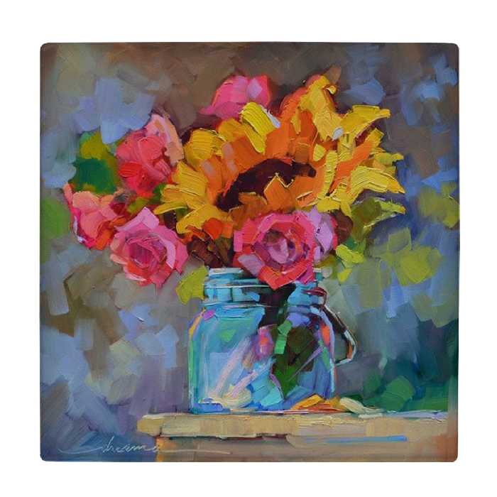 کاشی کارنیلا طرح نقاشی گل و گلدان شیشه ای مدل لوحی کد WKB759 