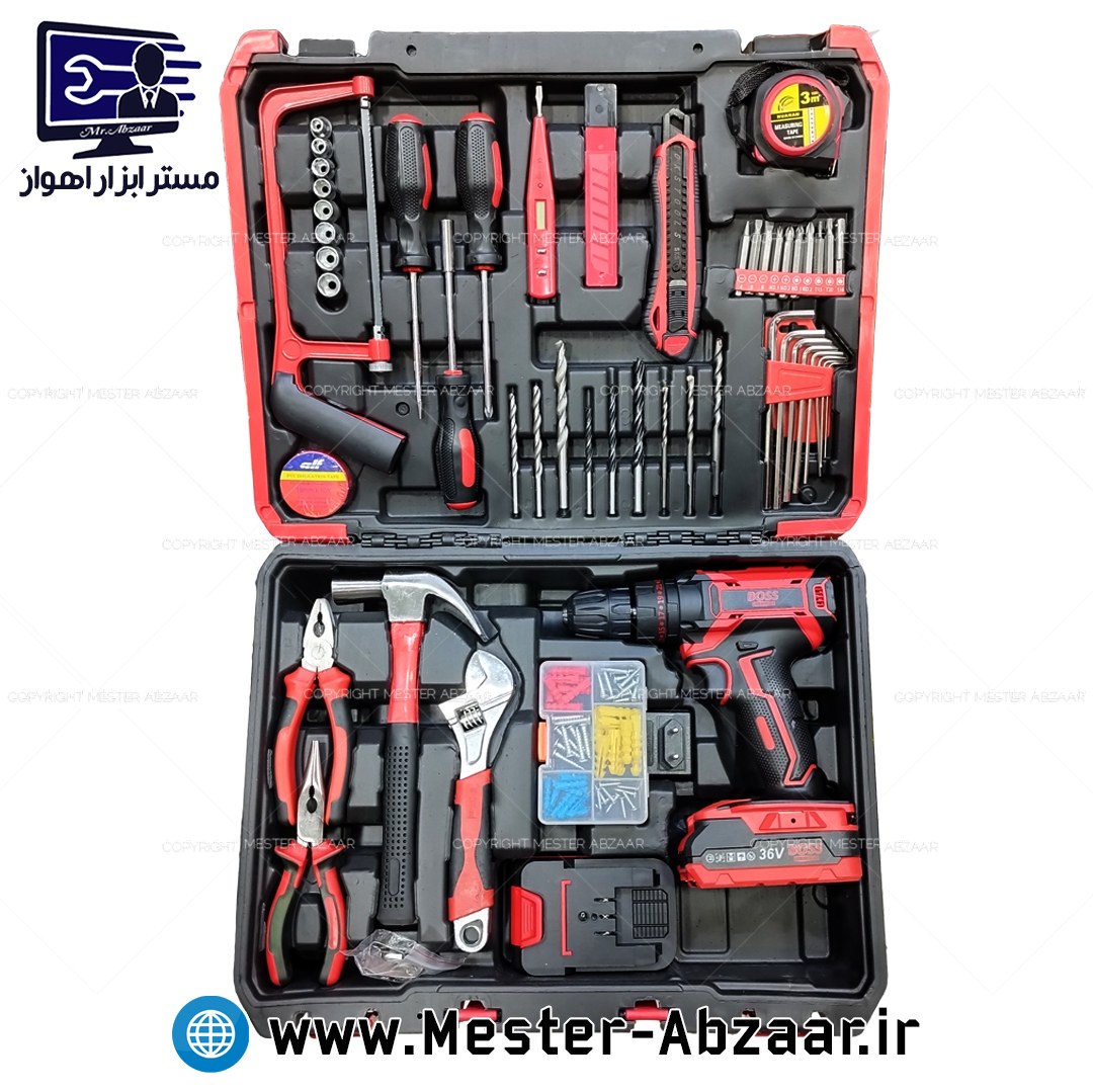 کیت کامل دریل شارژی چکشی 36 ولت باس صنعتی با لوازم دو باتری مدل BOSS 36V BS0025