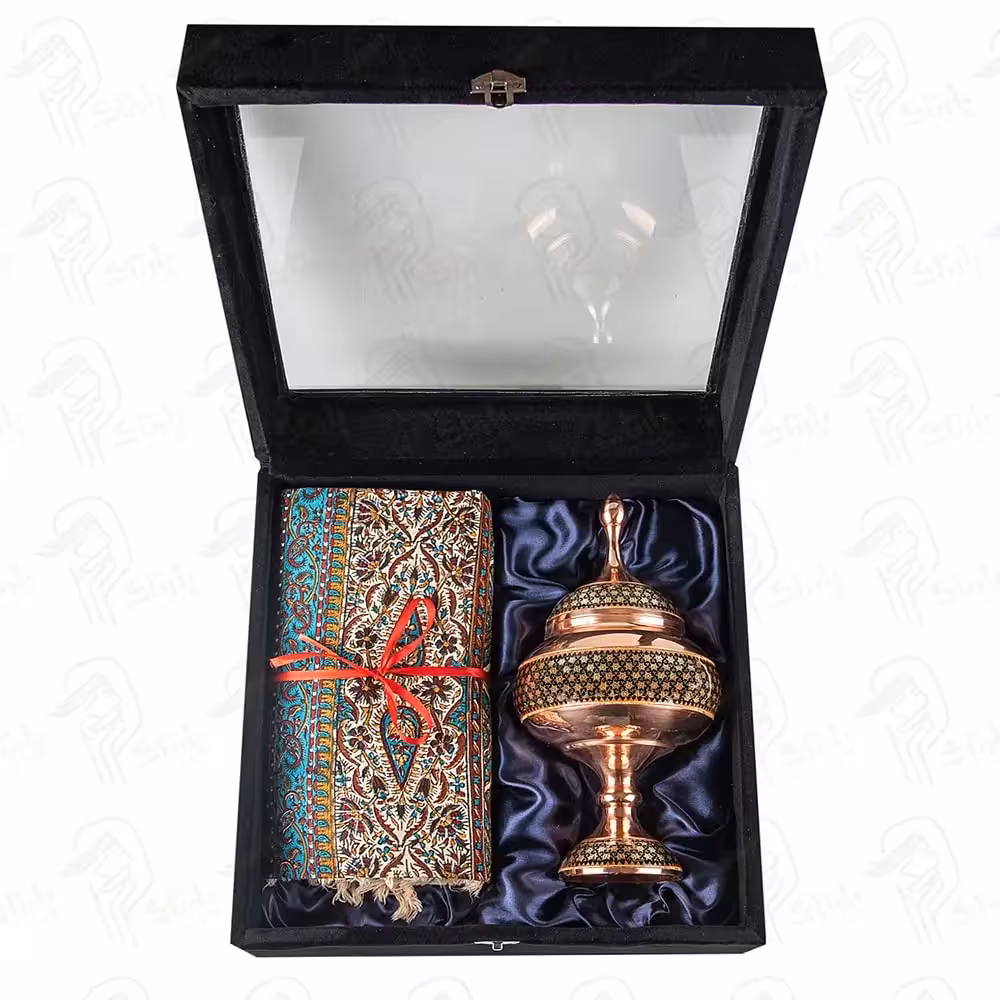 هدیه صنایع دستی شکلات خوری مس و خاتم و رومیزی قلمکار