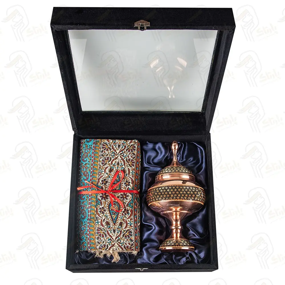 هدیه صنایع دستی شکلات خوری مس و خاتم و رومیزی قلمکار