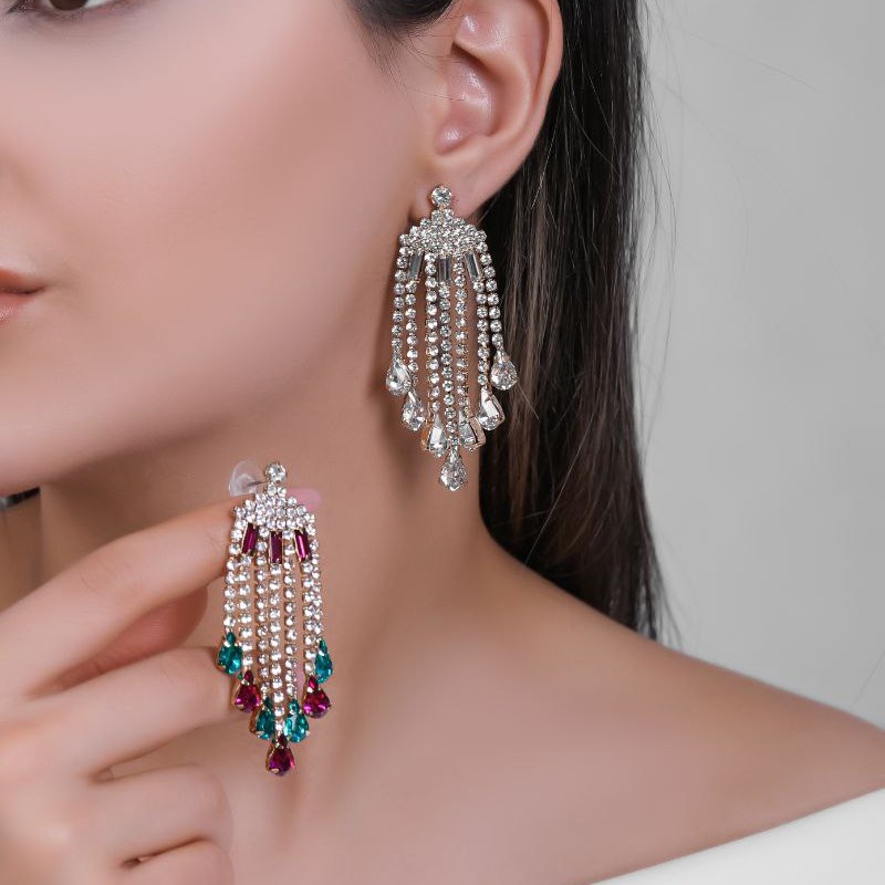 گوشواره دخترانه نگین رنگی جواهری رشته ای