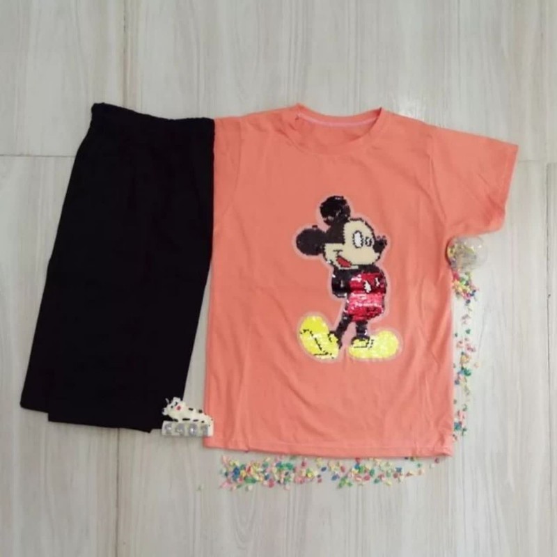 تیشرت شلوارک طرح میکی موس  پولک برگردون  جنس پنبه سوپر   