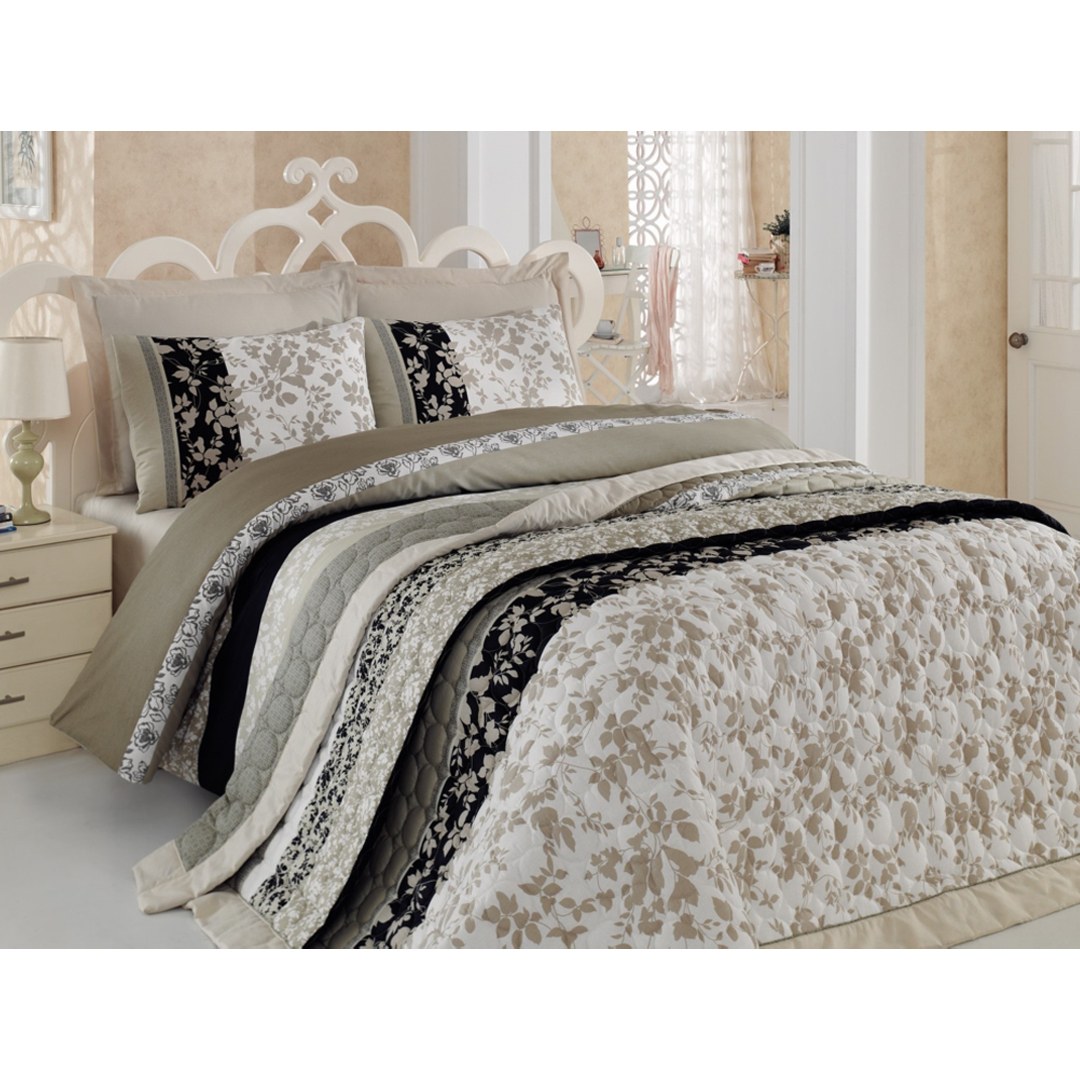 ست روتختی پنبه دوزی کاتن باکس مدل Mode line Doberah Bej تک نفره 3 تکه