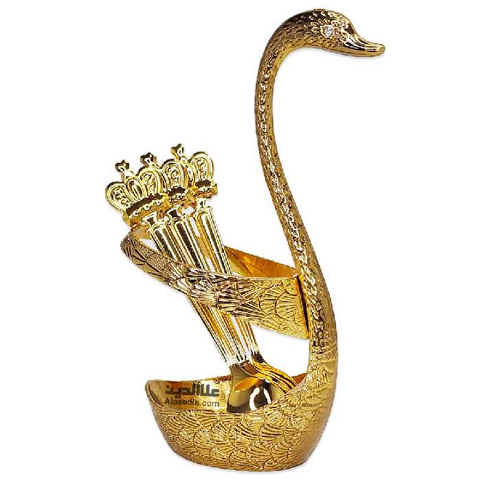 جا قاشقی طلایی طرح قو به همراه 6 عدد قاشق چای خوری طرح قو