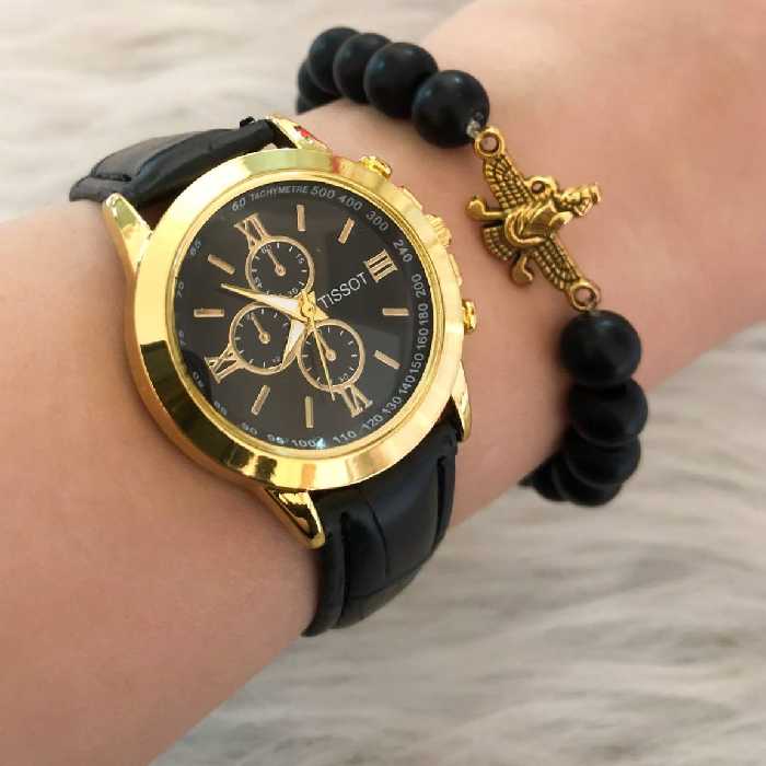 ست ساعت مچی چرم با دستبند 1