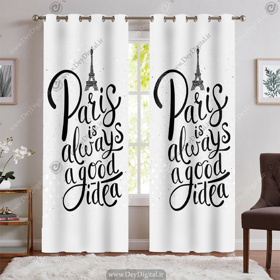 پرده ساده و شیک دخترانه طرح تایپوگرافی انگلیسی و ایفل BA-9472