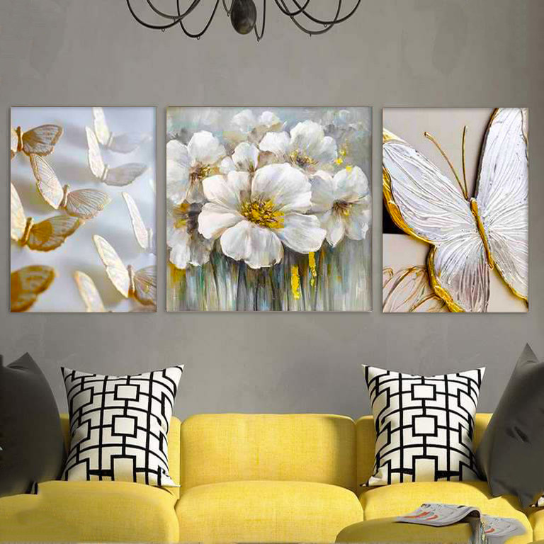 تابلو شاسی دنیای قابطرح نقاشی دکوراتیو مدرن گل و پروانه مدل SH-427 مجموعه 3 عددی | دنیای قاب