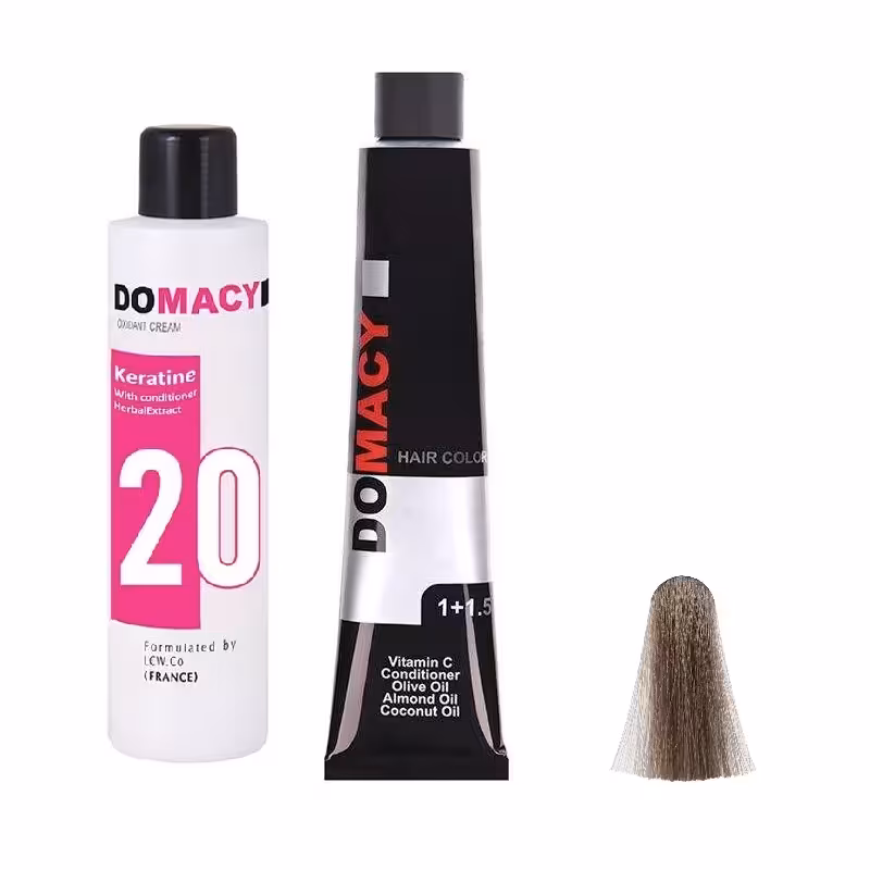 رنگ مو دوماسی شماره 6.1 حجم 120 میلی لیتر رنگ بلوند دودی تیره به همراه اکسیدان کد 01 شش درصدی حجم 180 میلی لیتر