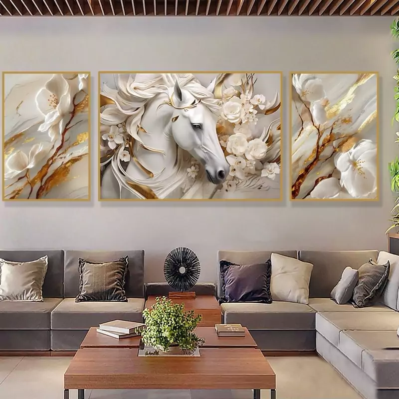 تابلو دکوراتیو   اسب و طرح های ابستره  سه تیکه نامنظم | دنیای قاب
