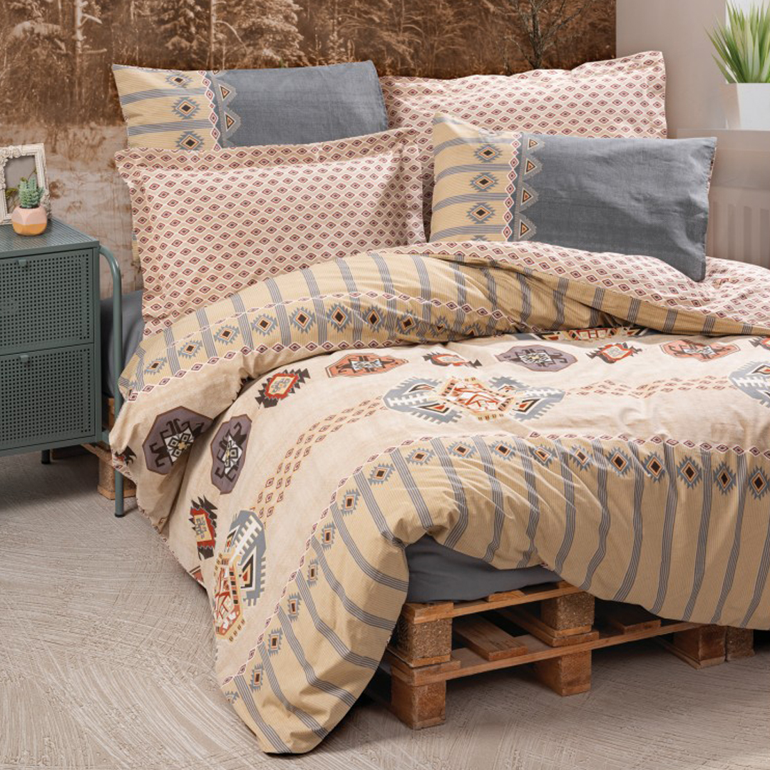 سرویس ملحفه کاتن باکس مدل Ethnic Dakota Gri تک نفره 3 تکه