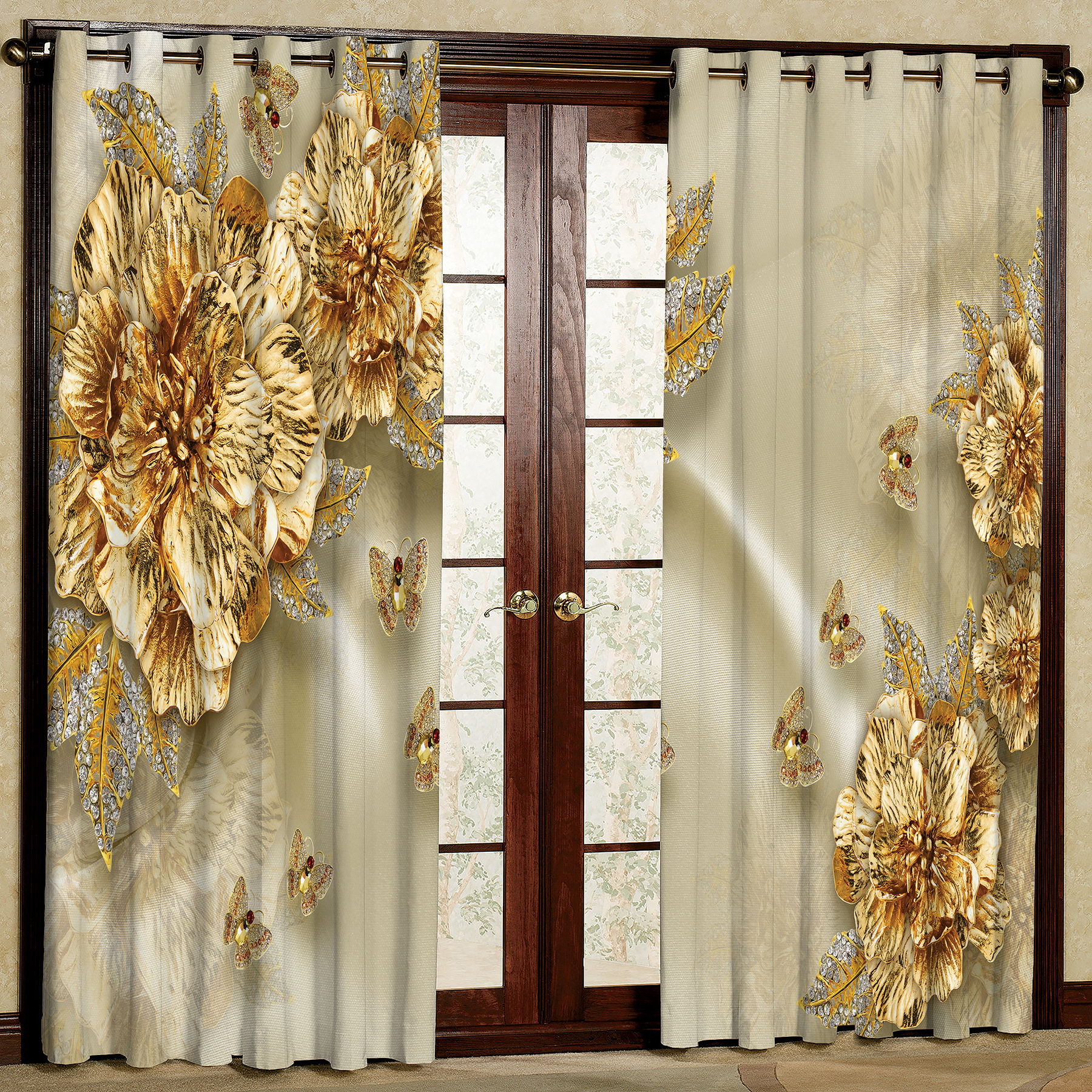 پرده مدل هازان طرح گل  طلایی سایز 280x140 سانتی متر