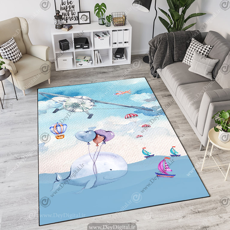 فرش چاپی طرح کودکانه نهنگ و قایق و هواپیما CS-1104