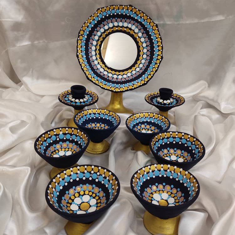 هفت سین سفالی طرح نقطه کوبی در رنگ و طرح های مختلف 