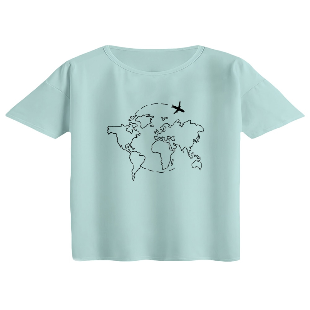 کراپ تی‌شرت آستین کوتاه زنانه مدل نقشه جهان رنگ آبی روشن