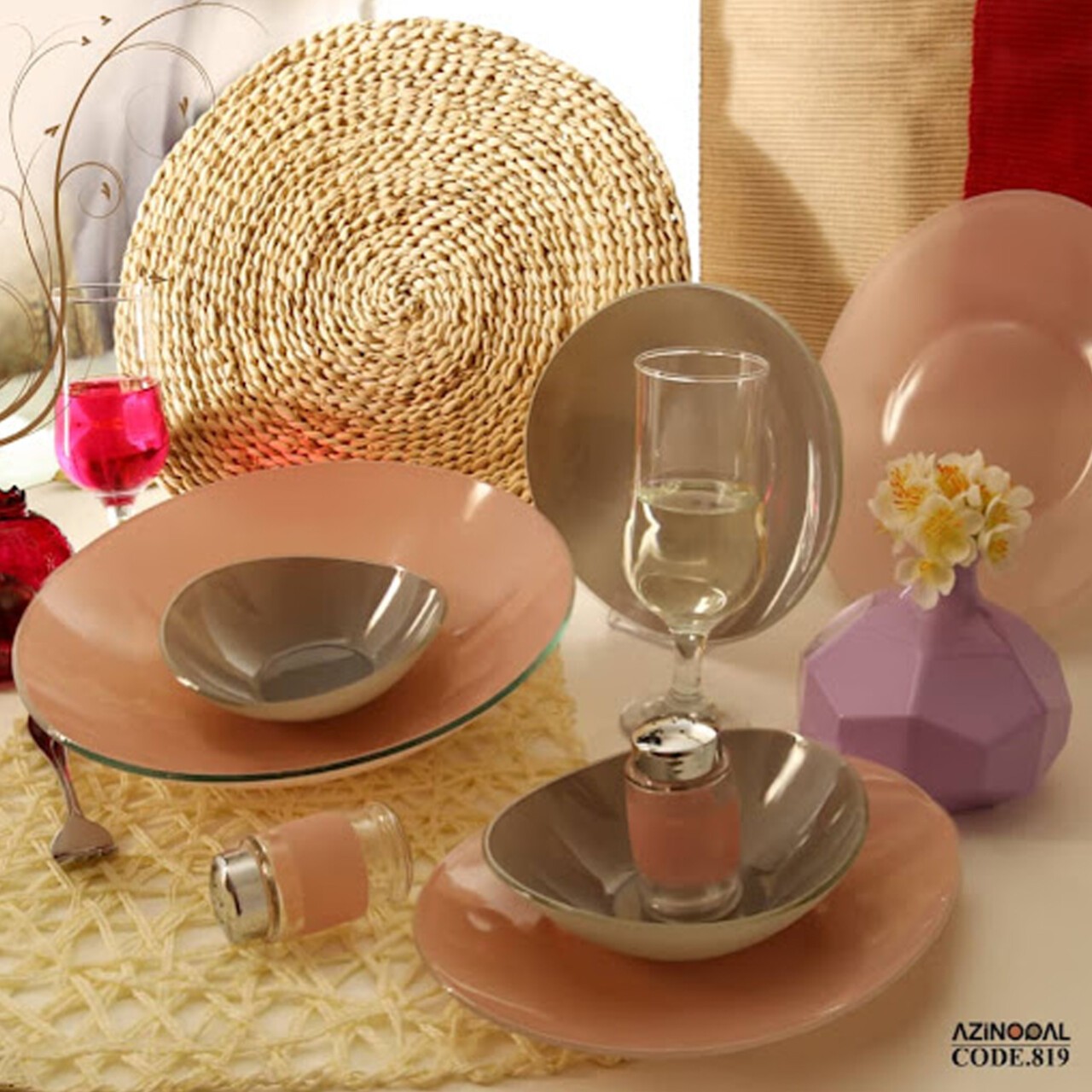 سرویس غذاخوری 26 پارچه آذین اوپال کد 819 دورنگ صورتی خاکستری