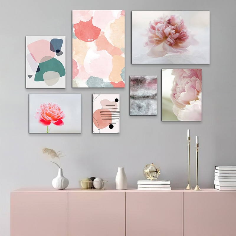 تابلو شاسی دنیای قابطرح ترکیبی نقاشی مینیمال و گل رز صورتی مدل SH-971 مجموعه 7 عددی | دنیای قاب