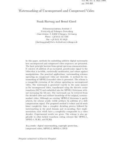 خرید و دانلود نسخه کامل کتاب Hartung Girod - Watermarking of Uncompressed and Compressed Video