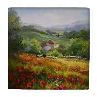 کاشی کارنیلا طرح نقاشی مزرعه گل و خانه های روستایی مدل لوحی کد klh999
