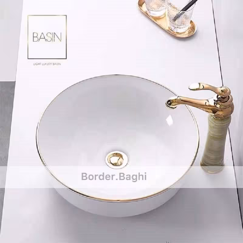 کاسه روشویی مدل سفید لب طلایی گرد