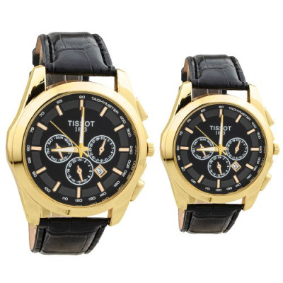 ست ساعت تیسوت بندمشکی قاب طلایی