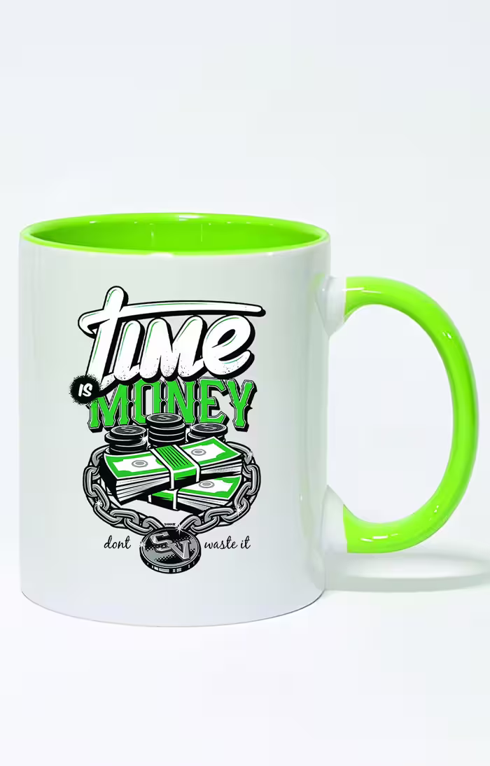 ماگ دسته و داخل رنگی طرح time money کد 3211