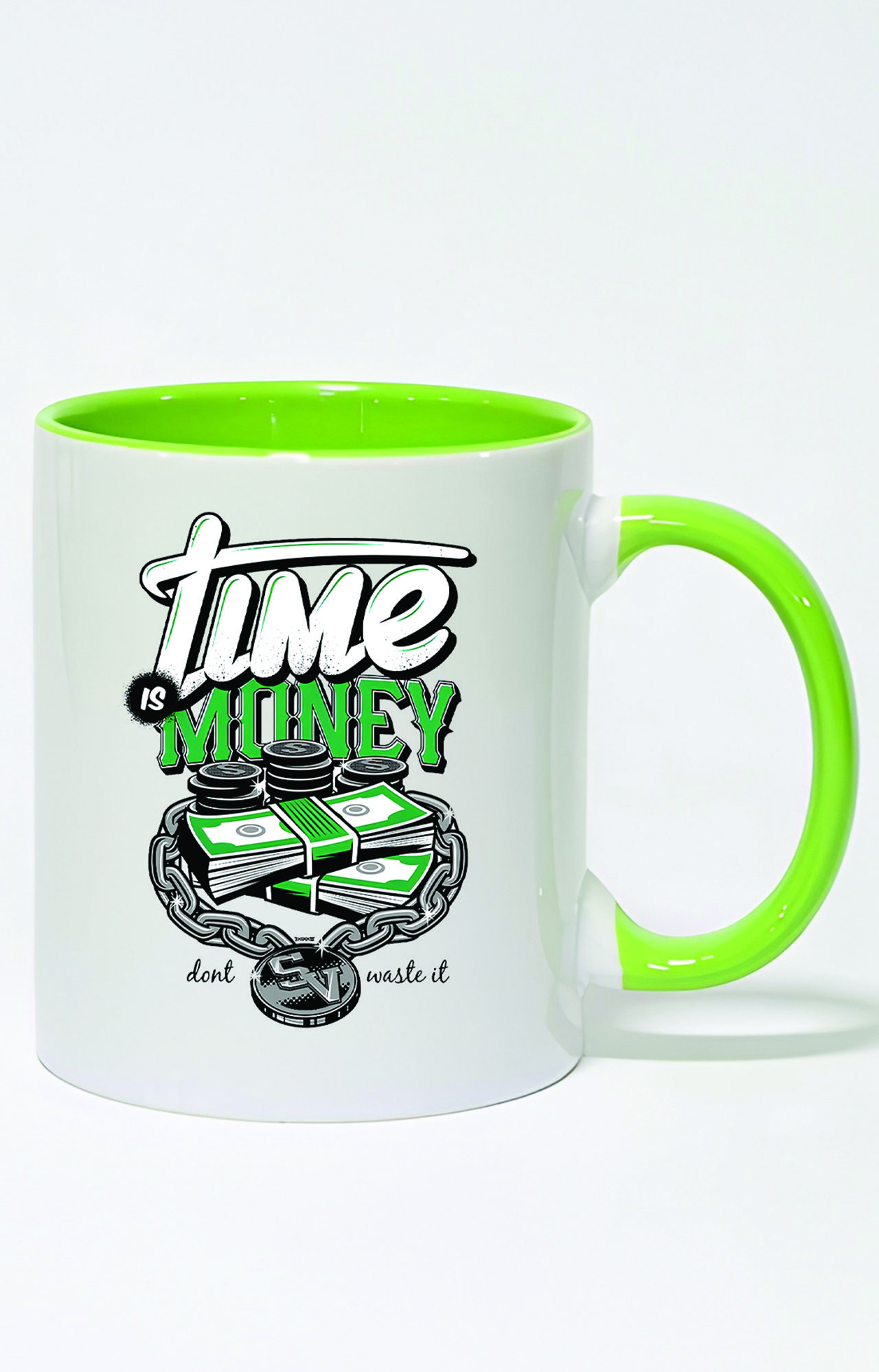 ماگ دسته و داخل رنگی طرح time money کد 3211