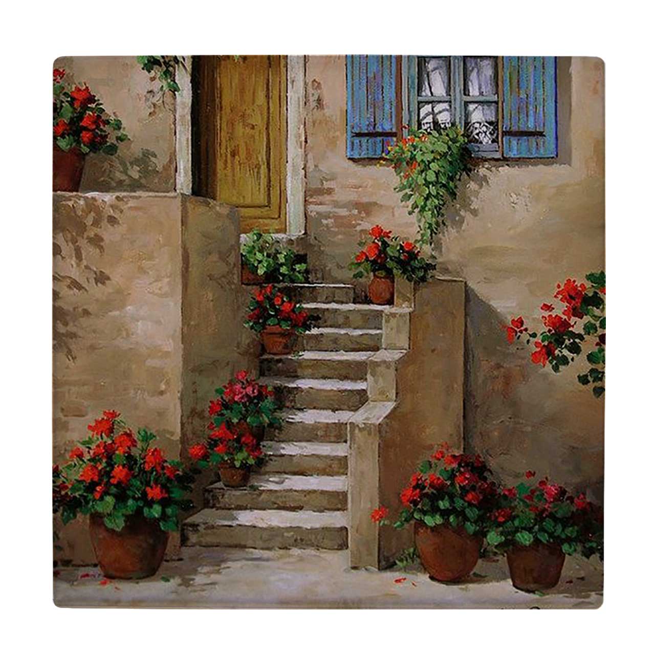  زیر لیوانی  طرح نقاشی حیاط قدیمی و گلدان های شمعدانی کد    6229638_5819