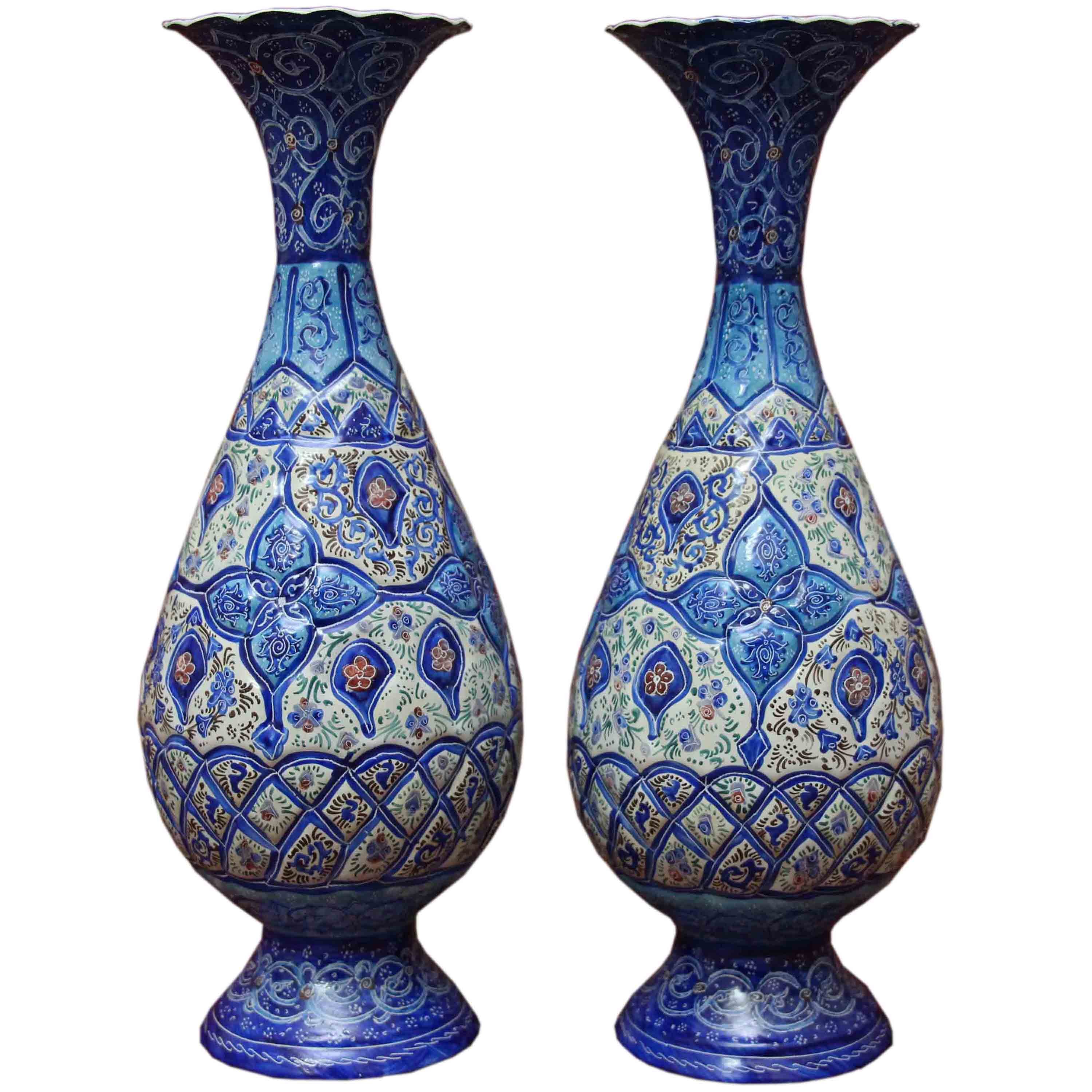 2عدد گلدان میناکاری مسی سایز 25 سانتی متری اثر استاد قاسمی
