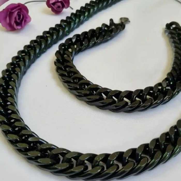 ست گردنبند و دستبند کارتیر دوبل فشرده مشکی 10میل استیل 